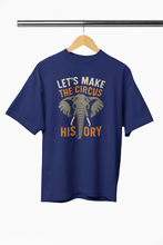 Navy blue t-shirt with elephant graphic and text on a hanger against a white background