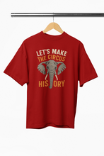 Red t-shirt with elephant graphic and text on a hanger against a white background