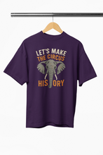 Purple t-shirt with elephant graphic and text on a hanger against a white background