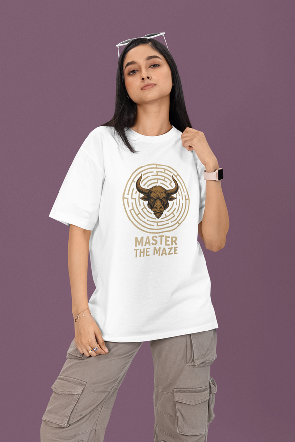 Person wearing a white t-shirt with a bull graphic and text on a purple background