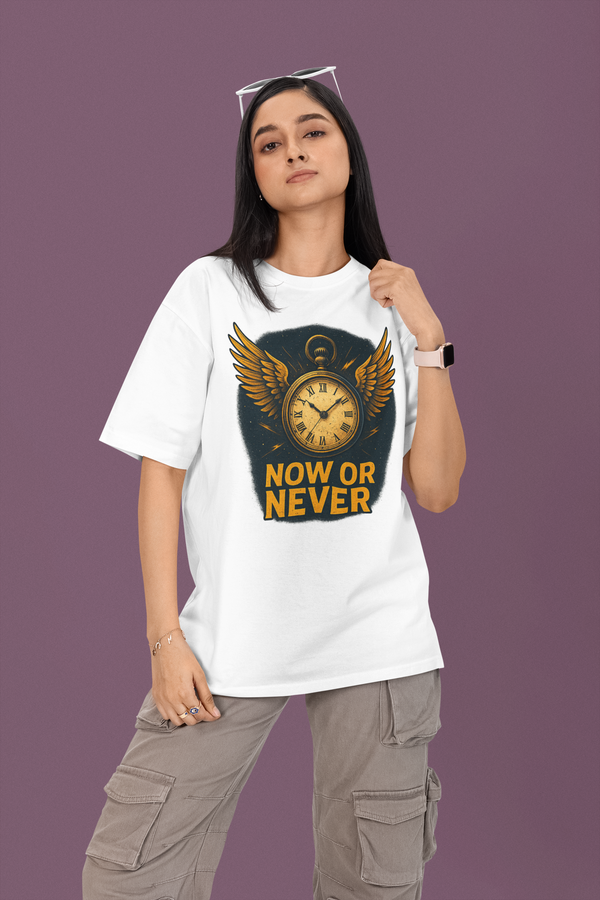 Person wearing a white t-shirt with a graphic design and text on a purple background