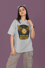 Person wearing a t-shirt with a graphic design and text on a purple background