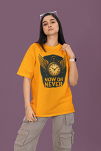 Person wearing a yellow t-shirt with a graphic design and text on a purple background