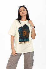 Person wearing a white t-shirt with Bitcoin graphic and text on a white background
