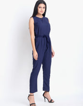 Women Casual Solid Blue Sleeveless Full Length Crepe Jumpsuit