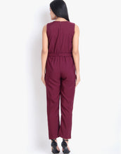 Women Casual Solid Maroon Sleeveless Full Length Crepe Jumpsuit